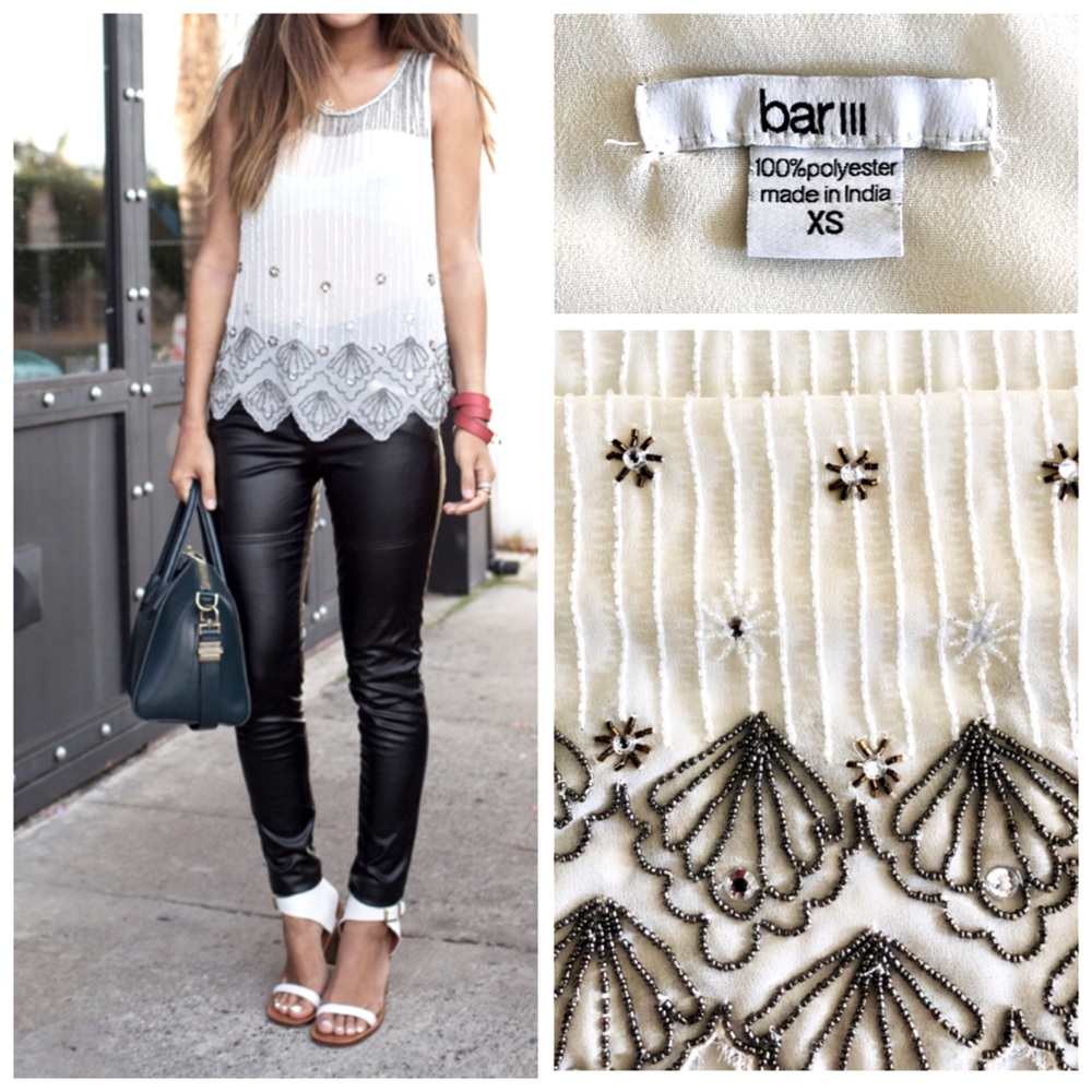 Bar III Ivory Beaded Semi-Sheer Sleeveless Deco Blouse, sz. XS